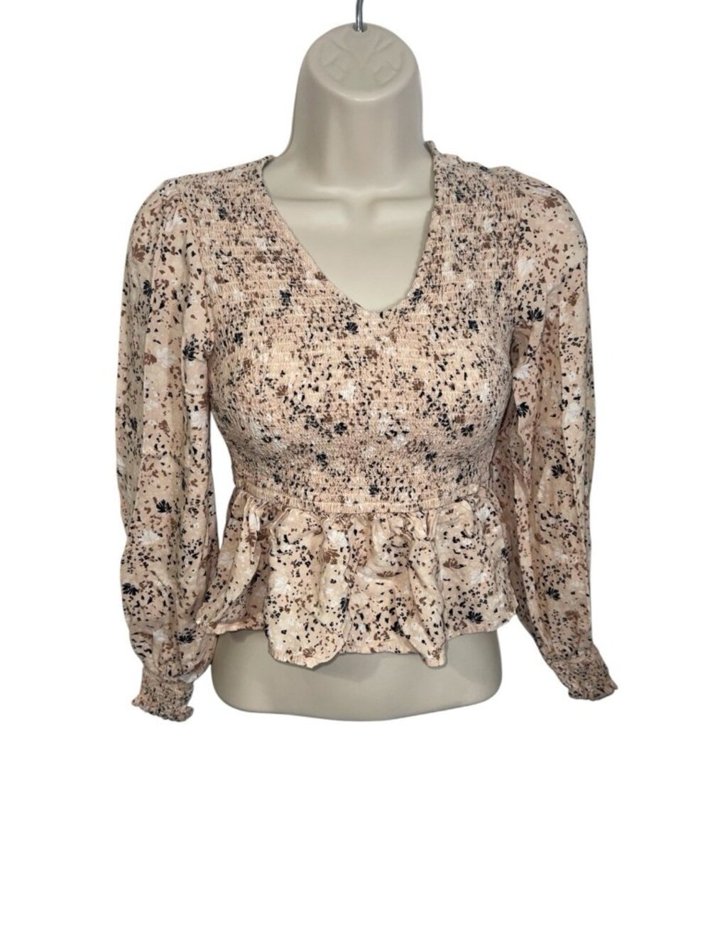JAPNA Women's Size XS Smocked Cropped Long Sleeve Blouse